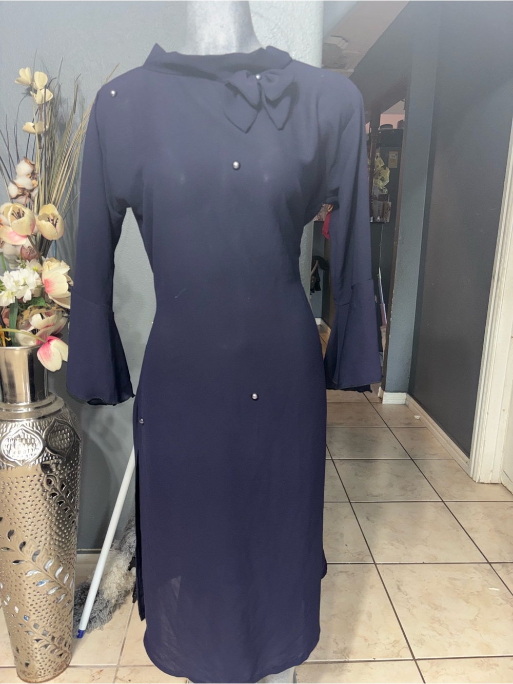 H&M Navy Long Sleeve Midi Dress with Bow Collar